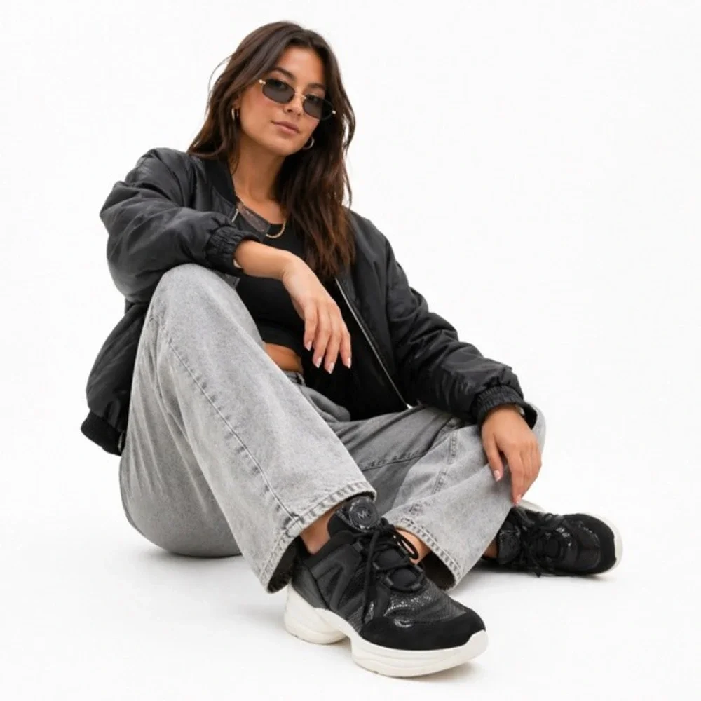 Michael Kors Olympia Trainer Black‎ Snake Embossed Platform Sneakers 11 36-16